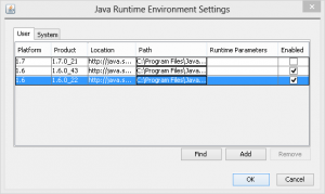 The Java Runtime Environment Settings dialog in the Java Control Panel